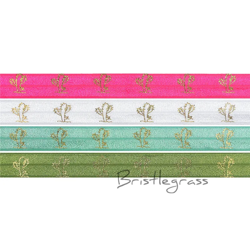 

BRISTLEGRASS 5 Yard 5/8" 1.5cm Gold Cactus Foil Print FOE Fold Over Elastics Satin Band Headband Hair Tie Dress DIY Sewing Trims