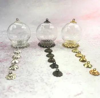 

50pcs/lot 30x20mm Glass Globe With Double Lace Base Tray Beads Cap Hollow Glass Vials Bottle Necklace Pendants Finding Decor
