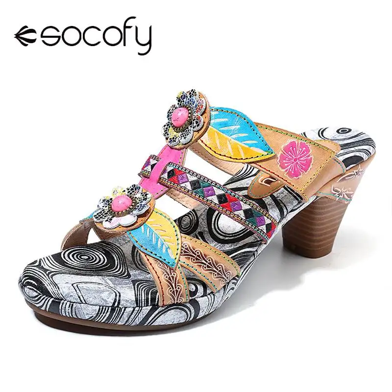 

SOCOFY Bohemia Leaf Pattern Retro Floral Buckle Genuine Leather Hook Loop Slip On Sandals Bohemian Shoes For Women Retro Summer