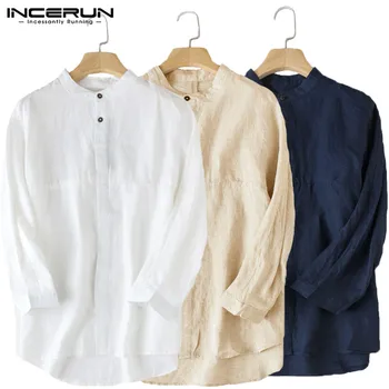 

INCERUN Casual Men's Shirt 3/4 Sleeve Stand Collar Cotton Linen Loose Tops Blouse Solid Chinese Style Vintage Shirts Men S-5XL