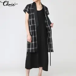2019 Celmia кимоно в винтажном стиле кардиган Для женщин Проверьте блузы в клетку летние длинные свободные повседневные топы Женская рубашка
