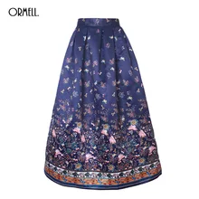 ORMELL High Waist Maxi Skirt 100cm Butterfly Floral Print Pleated Long Skirts Womens Satin Skater Saias Vintage