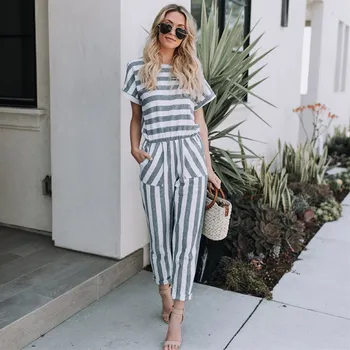 

2019 Women Striped Printed With Pocket Jumpsuits Fashion High Waist Long Rompers Summer Short Sleeve Casual Playsuits