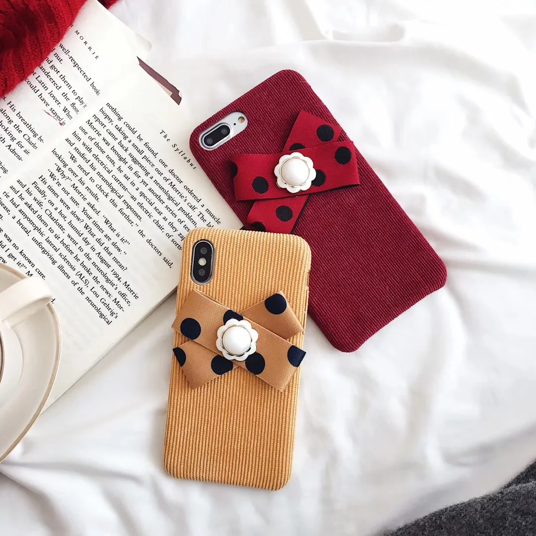 Autumn Winter Simple Corduroy Polka-dot Bow Mobile Phone Case for Iphone XR XS MAX Half-pack Back Cover 8 7 6 6splus Capa |