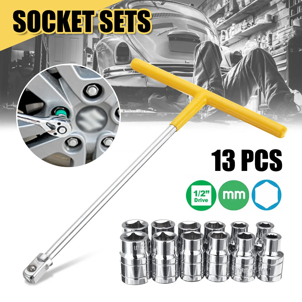

13Pcs Impact Socket Set T Type Socket Wrench Adapter 1/2 Inch Drive Hex Bit Sockets for Motorcycle Car Tyre Repair Tools