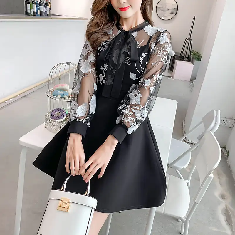 2019 New Autumn Women one piece dress korean Mesh Patchwork Slim Long