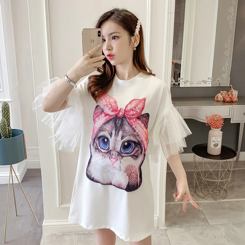 

#4247 White Pink Flare Sleeve T Shirt Women Loose Cartoon Cat With Pearls Long Casual Funny T Shirts Female Plus Size 3XL Summer