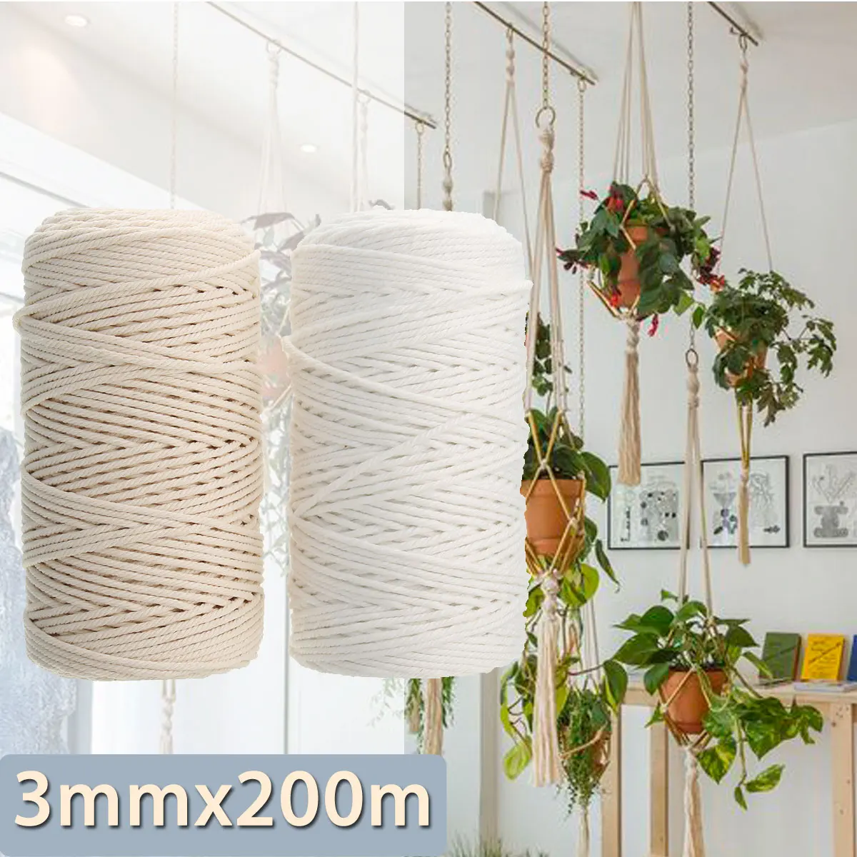

KiWARM Durable Beige White Cotton Cord Beige Twisted Cord Rope Craft Macrame String DIY Handmade Home Decorative 3mmx200m