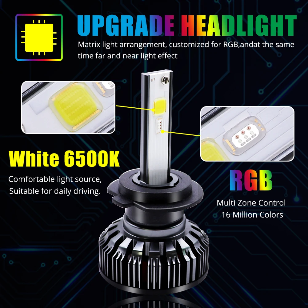 COB RGB светодиодный налобный фонарь H4 H7 фары для автомобиля H1 H3 H11 H13 880 9005 9006 9012 Bluetooth