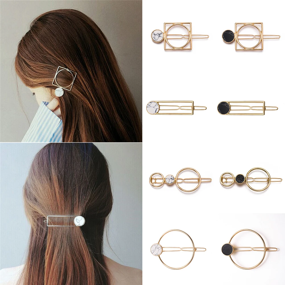 

hot sale Women Girls Metal Circle Square Hair Clips Natural Stone Hairpins Barrettes Wedding Hair Clip Accessories