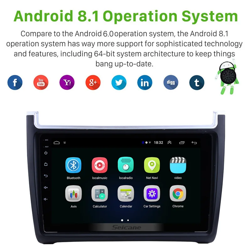 Best Seicane Car Audio Stereo 9" HD 1024*600 Android 8.1 Player for VW Volkswagen Polo 2012-2015 GPS Navigation with 1080P Video SWC 1
