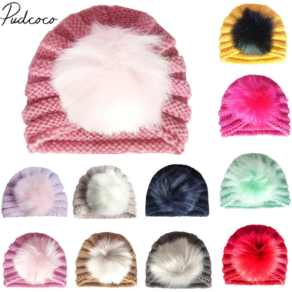 

2019 Brand New Toddler Kids Baby Girls Boys Turban Beanie Hats Warm Winter Knit Beanie Artificial Fur Pom Bobble Cotton Hat Cap