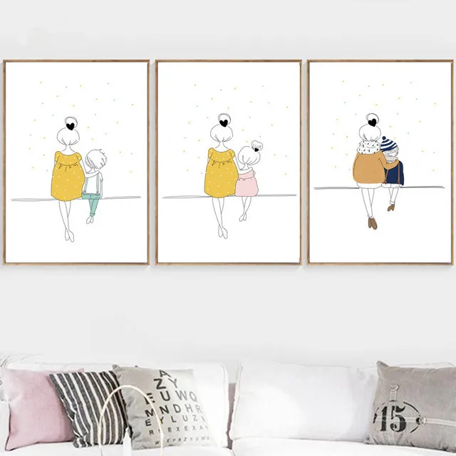 

Cartoon Woman Girl Boy Minimalism Wall Art Canvas Painting Nordic Posters And Prints Wall Pictures Baby Kids Room Nursery Decor