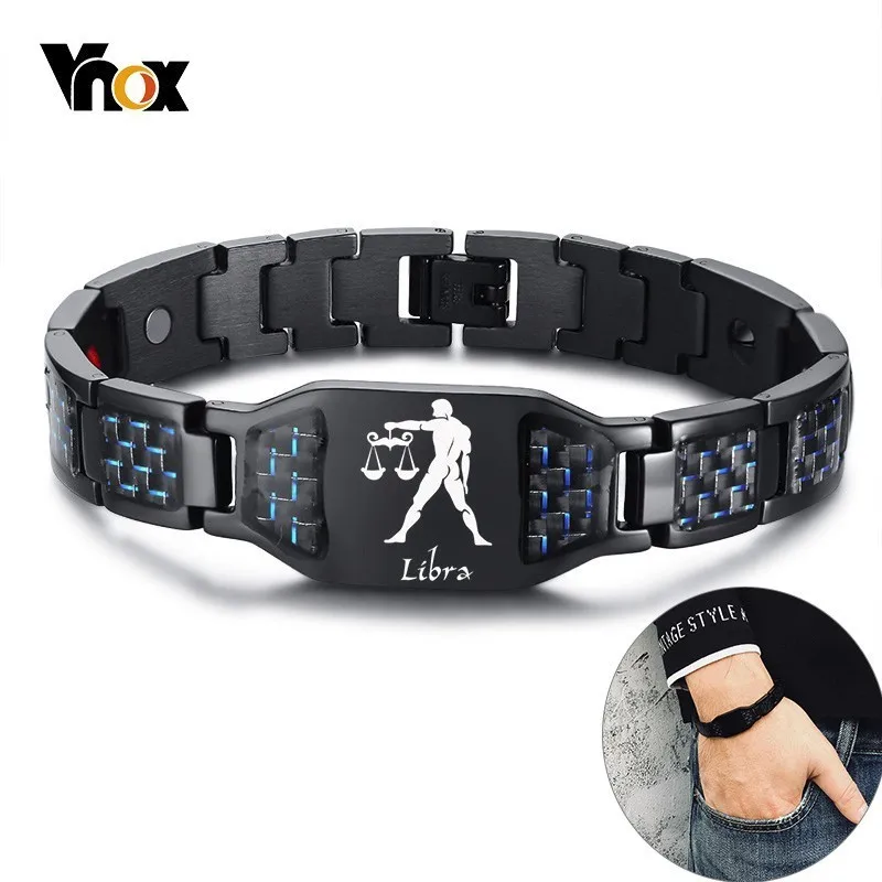 

Vnox Libra Aires Twelve Horoscope Bracelets for Men Carbon Fiber Stainless Steel Link Chain Wristband Magnetic Power Pulseira