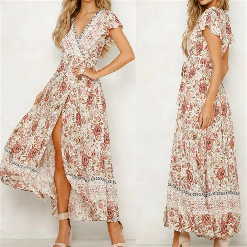 

Women's Boho Maxi Long Dress Floral Printed Party Cown Summer Beach Sundress Ladies' New Sexy V-neck Short Ruffle Sleeves Hot