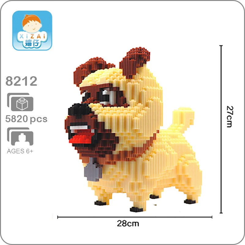 

Xizai 8212 Cartoon Pug Pet Dog Brown Animal Micro DIY 3D Model 5820pcs Mini Building Blocks Bricks Assembly Toy 27cm tall no Box
