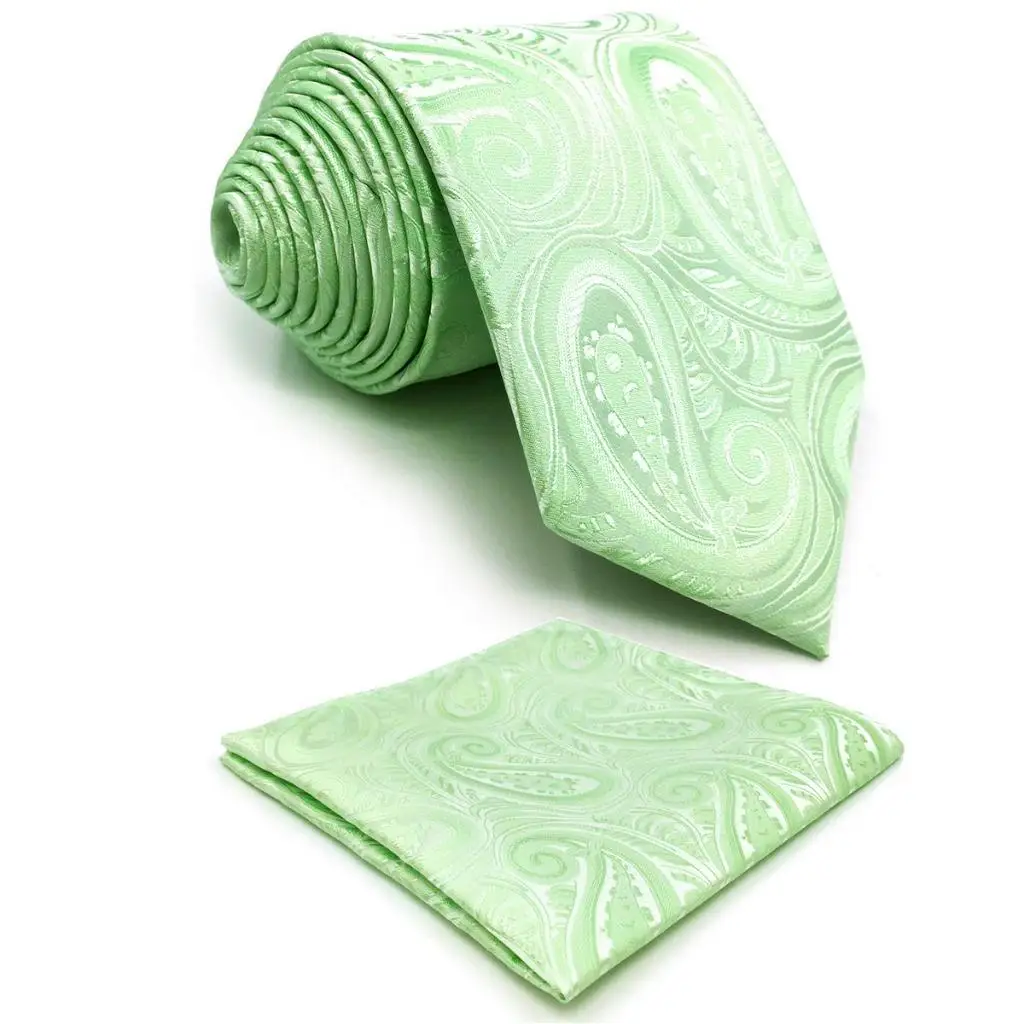 SHLAX/&WING Solid Color Mens Pocket Square Silk Paisley Light Green Honeydew