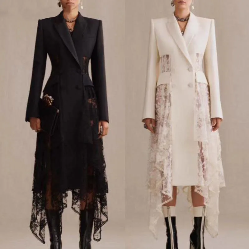 Women Long Sleeve Lace Spliced Double Breasted Blazer Coats Elegant Irregular Long Blazer Jackets Runway Hollow Out Long Blazer