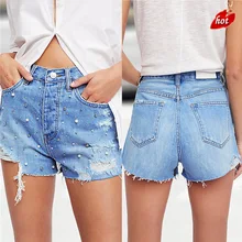 Летние уличные джинсовые шорты женские новые свободные повседневные с высоким отверстием женские жемчужные бусины для ногтей ковбойские короткие большие размеры сексуальные O8R2