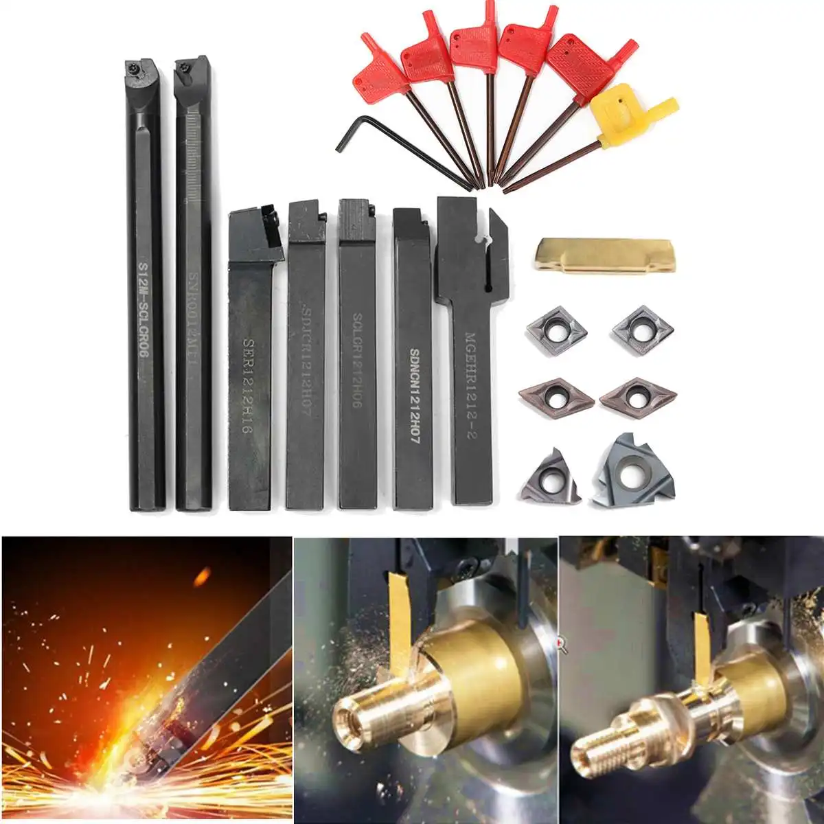 

7pcs 12mm Boring Bar Lathe Turning Tool Holder with 7pcs Carbide Insert Blades with 7pcs T8 Wrenches for Lathe Turning Tool