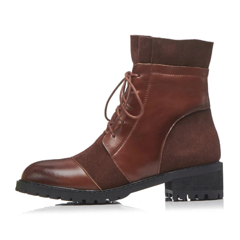 

Genuine Leather Women Boots 4 CM Chunky Heels Winter Lace-up Ankle Shoes for Woman Sexy Girls Party Boots Box Packing r-d