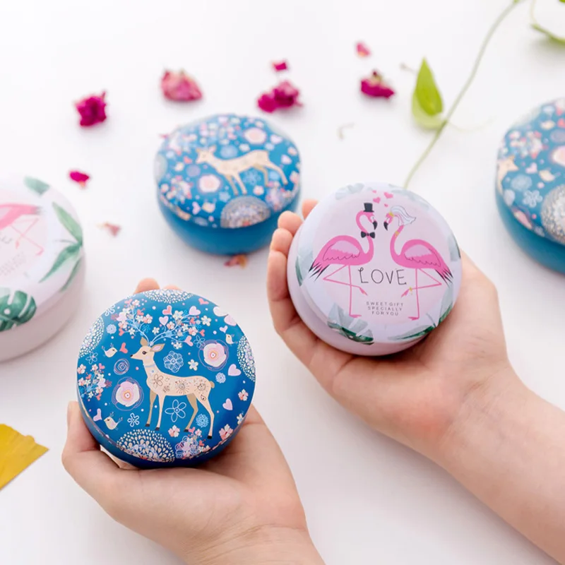 

Cute Cartoon Animal Flamingo Deer Gift Box Round Shape Tinplate for Kids Stationery Candy Women's jewelry storage box
