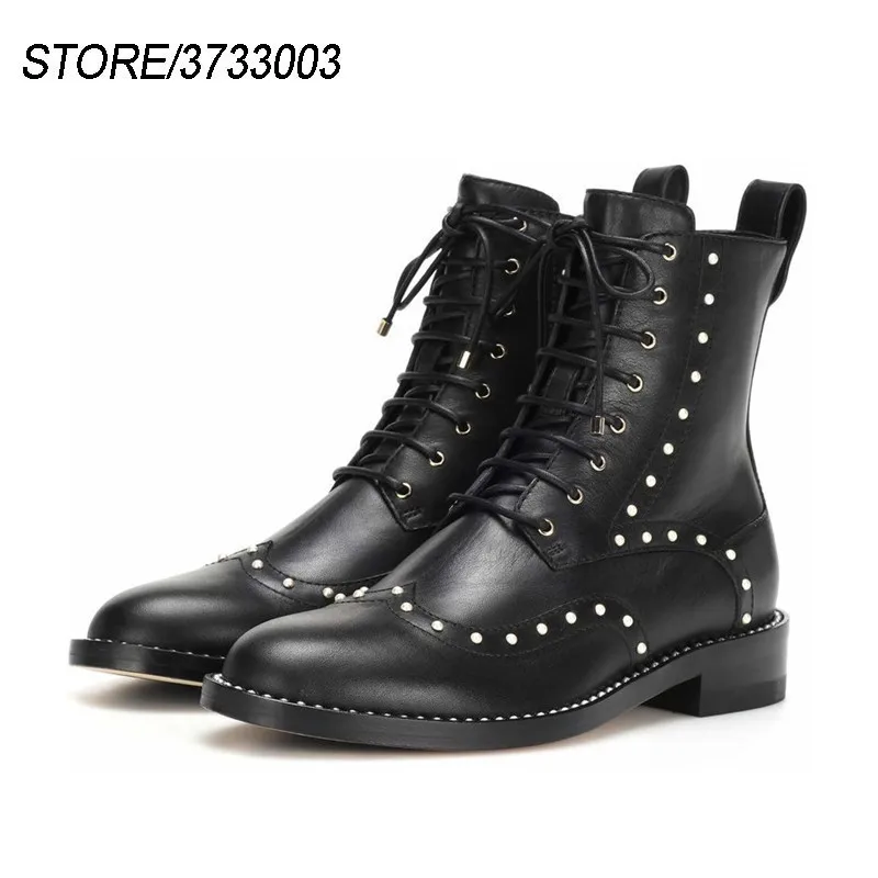

Cross-tied Martin Boots Black Leather Motorcycle Boots String Bead Ankle Boots Punk Style Short Booties Women