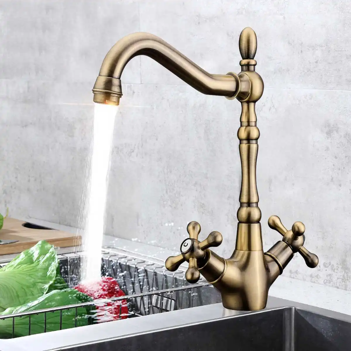 

Xueqin Antique Bathroom Double Handle Kitchen Basin Water Faucet Deck Mounted 360 Degree Tap Sink Washbasin Spout Mixer Taps