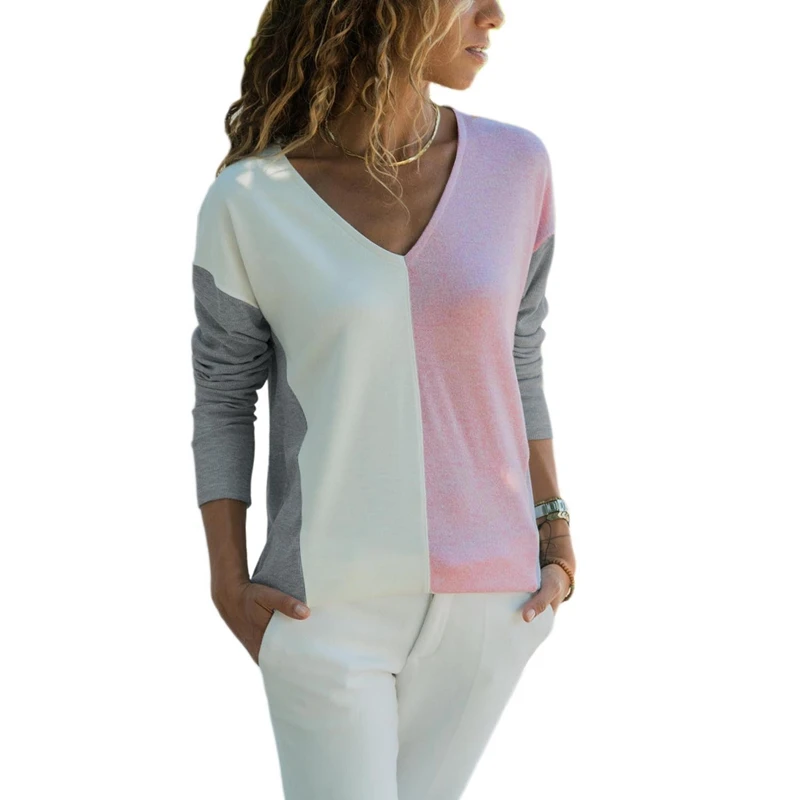

Women Long Sleeve V Neck T-Shirts Ladies Casual Patchwork Fashion Tops Contrast Colored Splicing Comfortable Pullover K