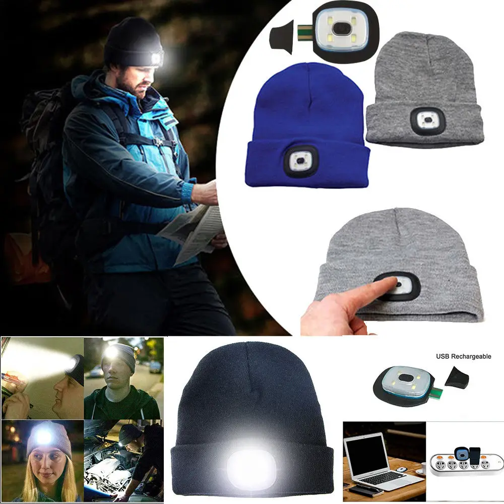 

Hot Men Button Battery Model With Light Knit Hat With Led Lamp Cap Unisex Winter Has