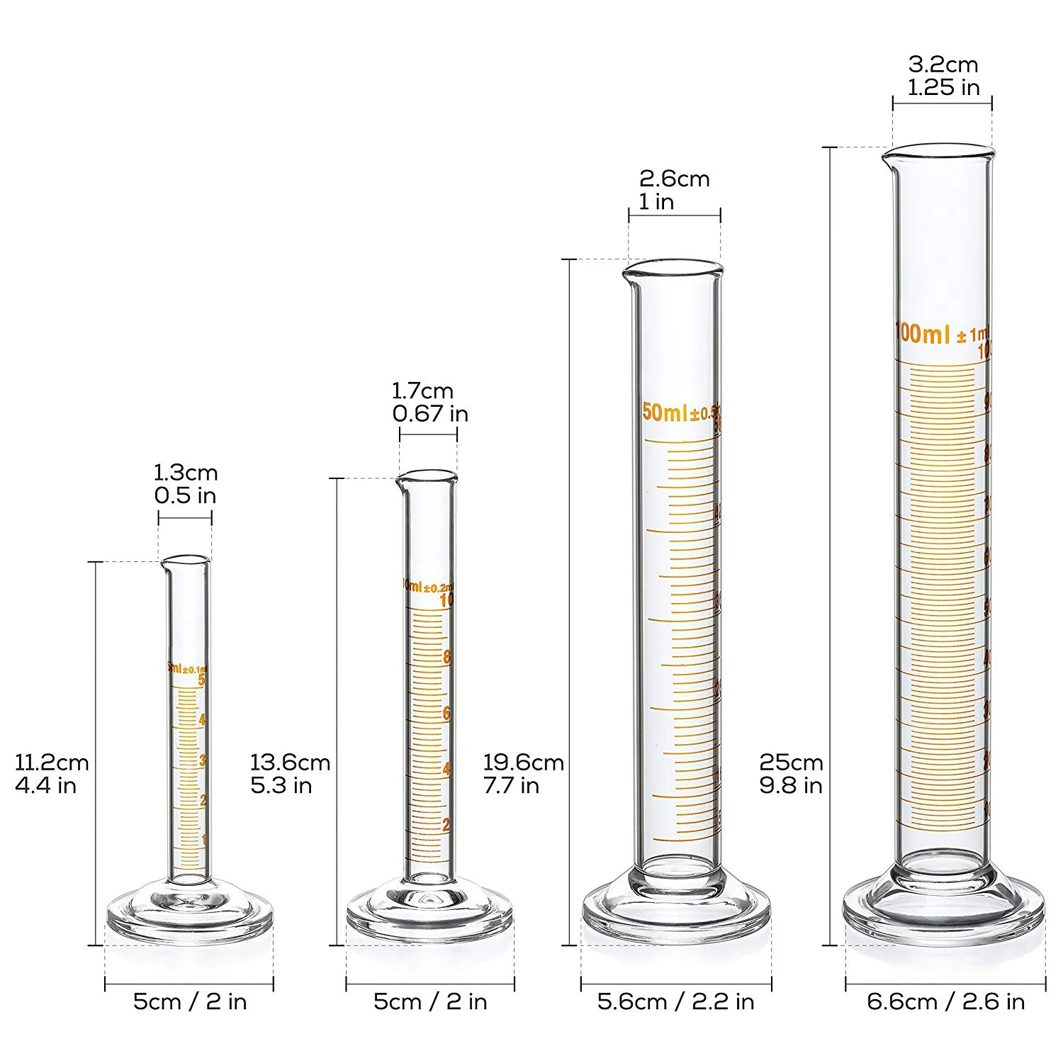 New-4 Measuring Cylinder-5ml, 10ml, 50ml, 100ml-Premium Glass Contains 2 Cleaning Brushes + 3 x 1ml Glass Pipettes