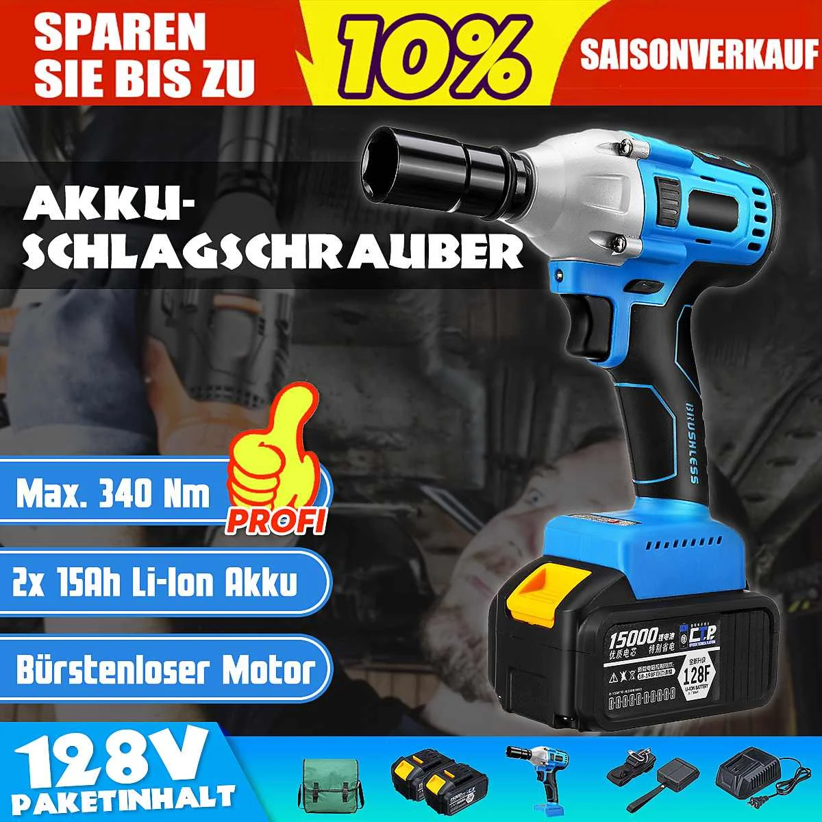 

100-240V AC Brushless/ Cordless Electric Wrench Impact Socket Wrench 15000mAh Li Battery Hand Drill Installation Power Tools