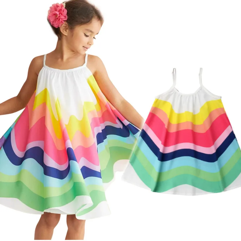 

2019 Summer Toddler Colorful Rainbow Dress Sleeveless Boho Party Dresses Dress Holiday Beach Children Kid Baby Girl Clothes