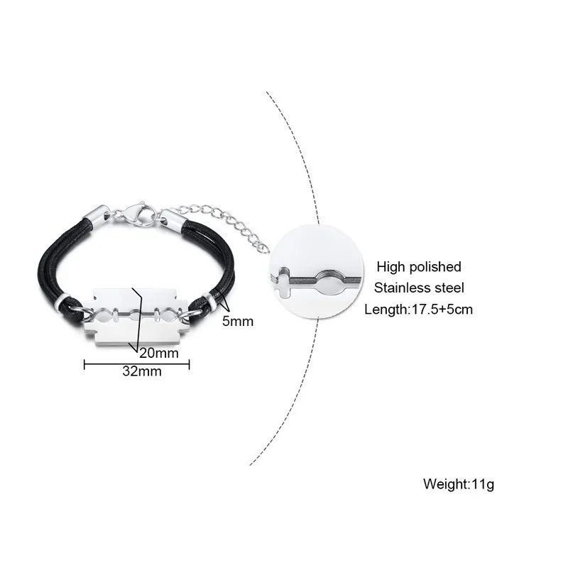 Двойной веревки цепи для мужчин браслет черный цвет нержавеющая сталь бритвы лезвия дизайн регулируемая длина хип хоп мужские подарки