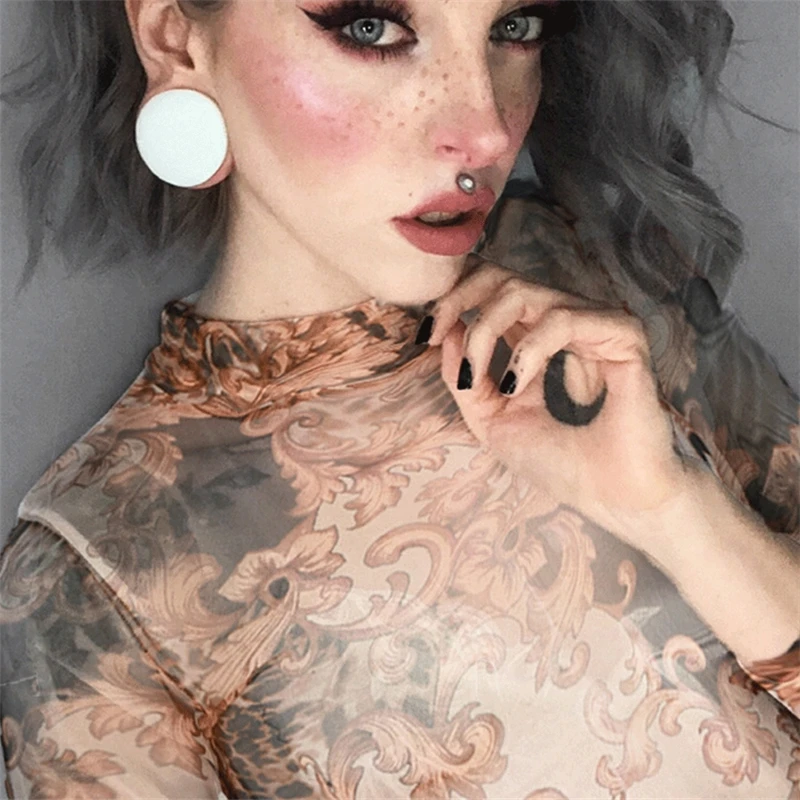 2019 г. пикантные женские одежда с длинным рукавом прозрачной сеткой Sheer Crop Блузка