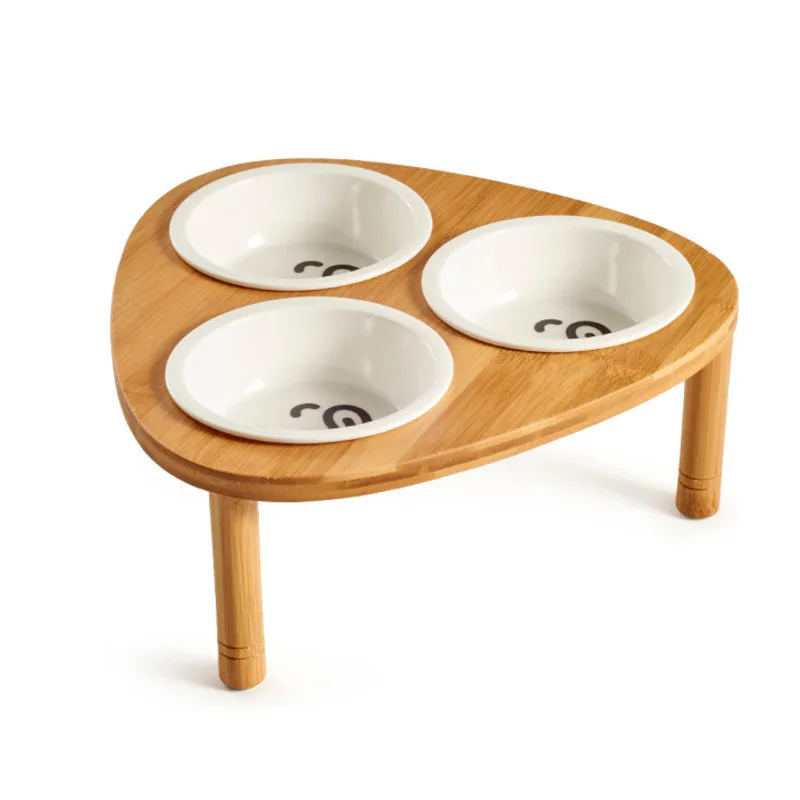 Pet Stainless Steel Feeder With Bamboo Stand Dog Three Ceramics