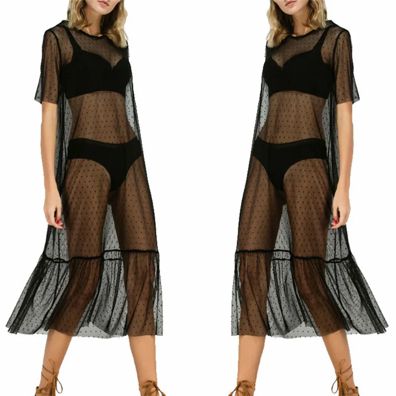 

Sexy Women Party Evening Black Mesh Dress Sheer Maxi Dress Tulle Lace Long Dress Bikini Cover Ups Swimsuit