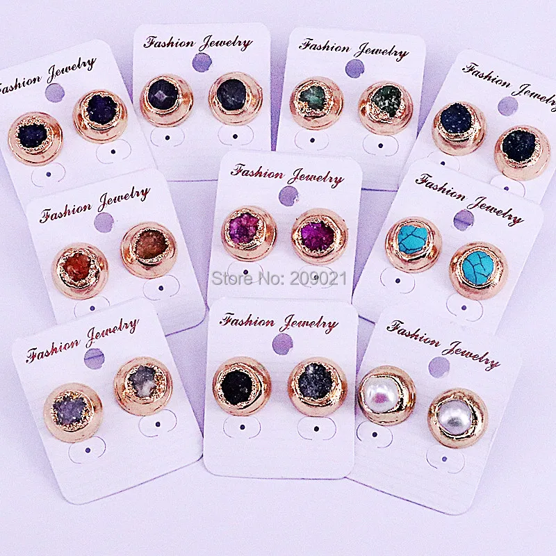 

6Pair Fashion Round Shape Natural Pearl agates quartz drusy stone Studs Earring Gold Elecroplated Jewelry