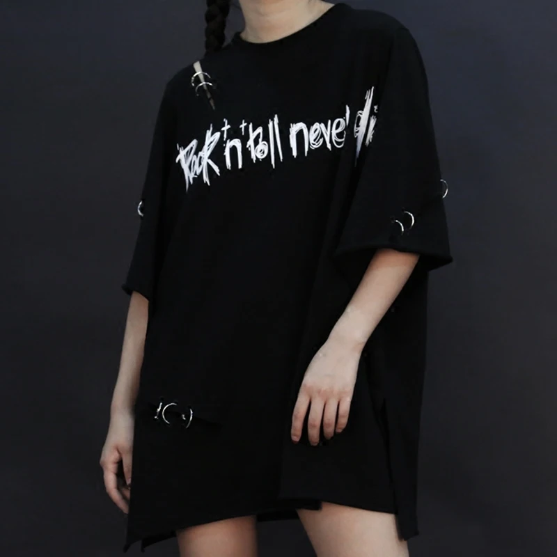 Punk O Neck Cotton Women Loose Letter T shirt Fashion Street Holes