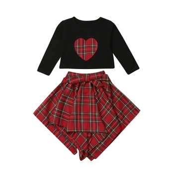 

Kids Baby Girls Clothing T-shirt Tops Long Sleeve Love Print Bow Belt Plaid Cute Cotton Skirts Casual Clothes Sets Girl 1-6T