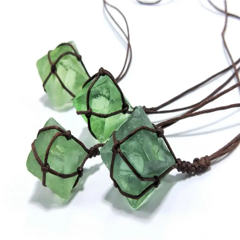 

Natural Handmade Blue-Green Gemstone Pendant Green Fluorite Octahedral Rough Wrap Braid Necklace Stone Crafts