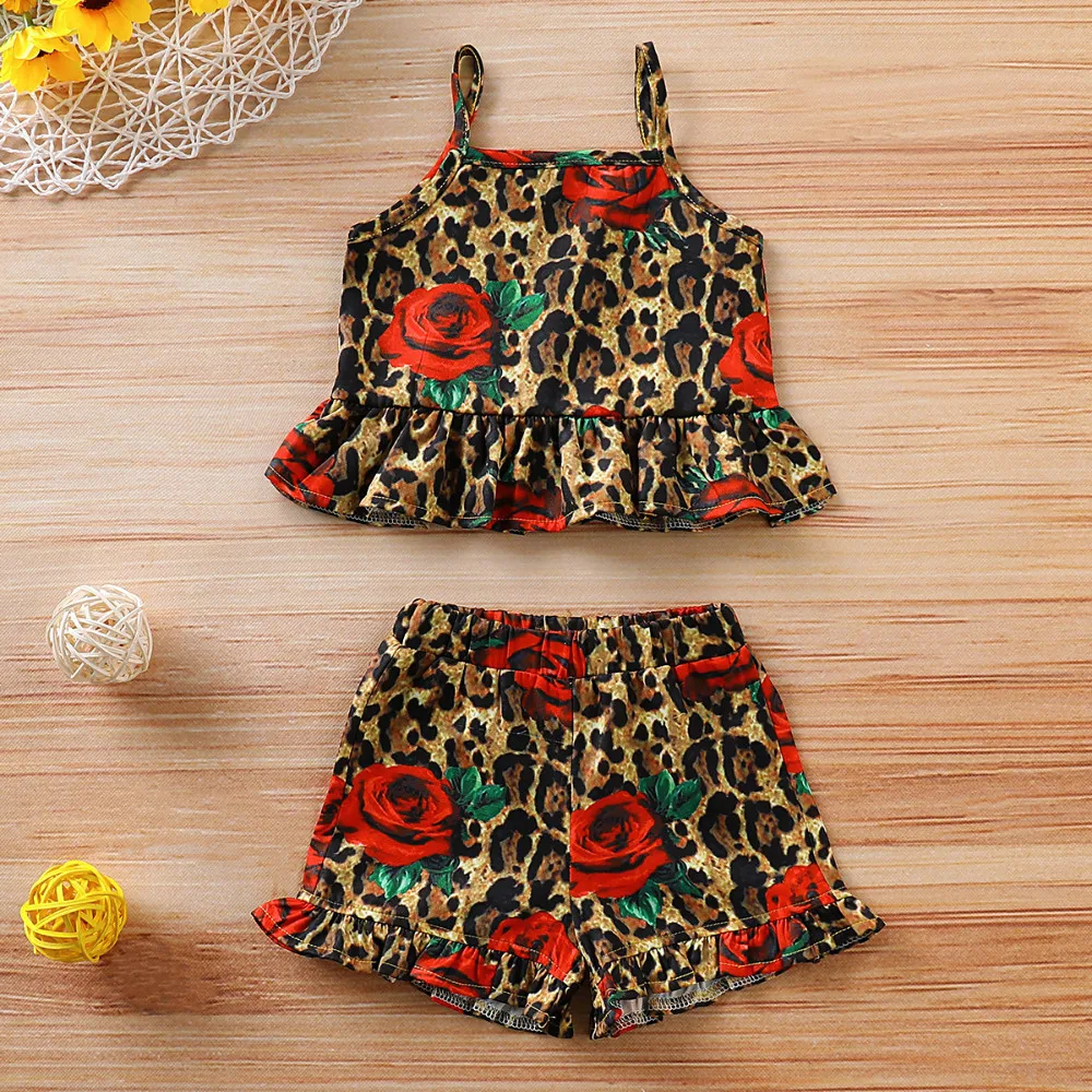طفلة الصيف 2 قطعة أكمام دعوى ليوبارد طباعة حبال سترة + السراويل أزياء الأطفال عارضة الملابس الجديدة