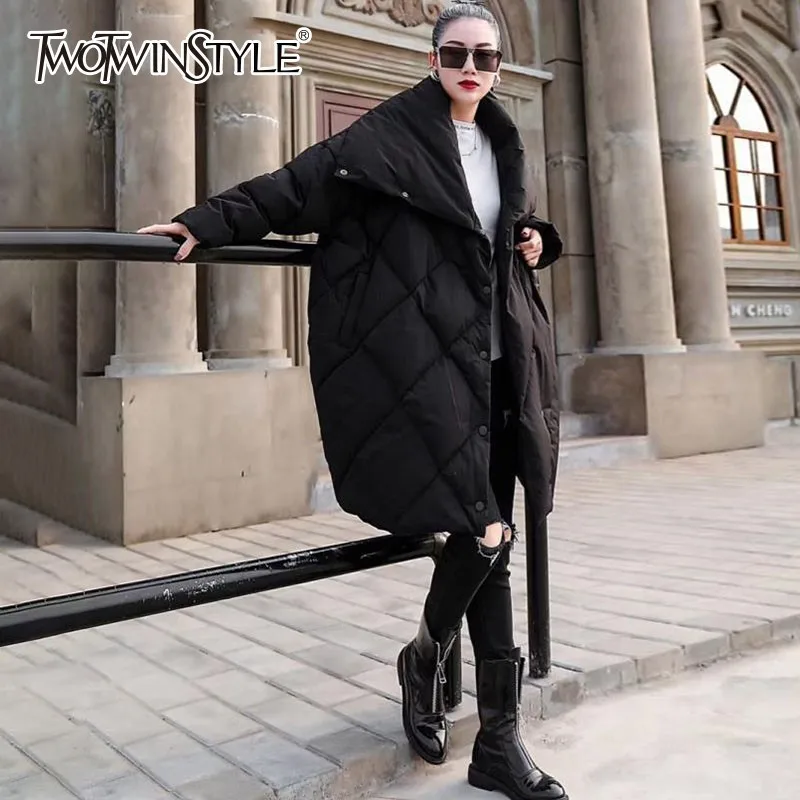 

TWOTWINSTYLE Korean Cotton Coats Female Lapel Collar Long Sleeve Oversized Plus Thick Overcoats For Women 2018 Autumn Winter