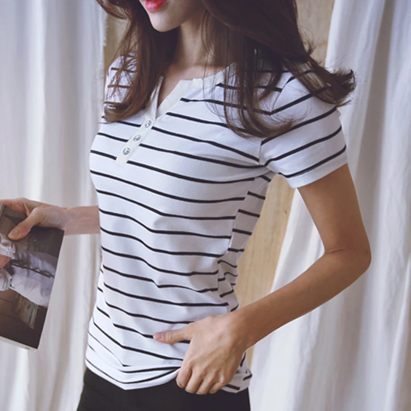 

5XL Loose Blouse Shirt Women 2019 Summer Top Shirts V-neck Short Sleeve Casual White Striped Plus Size Cotton Tee Femme #b985