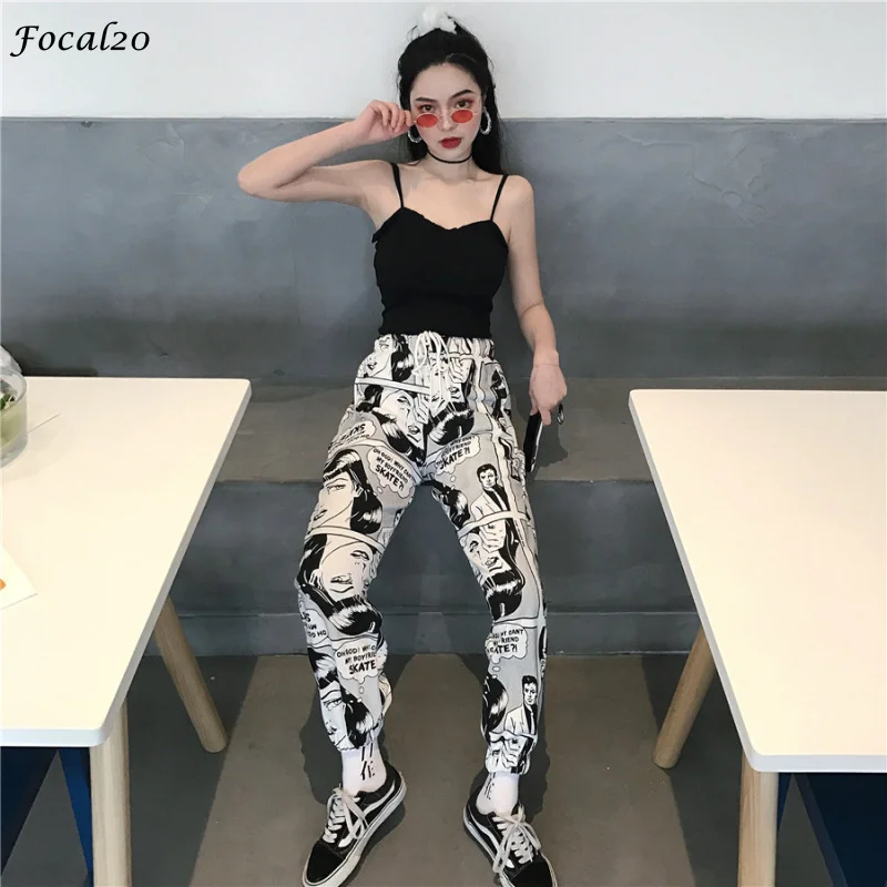 

Focal20 Streetwear Cartoon Printed Women Harem Pants Elastic Waist Ankle Length Trousers Spring Autumn Causal Loose Pants