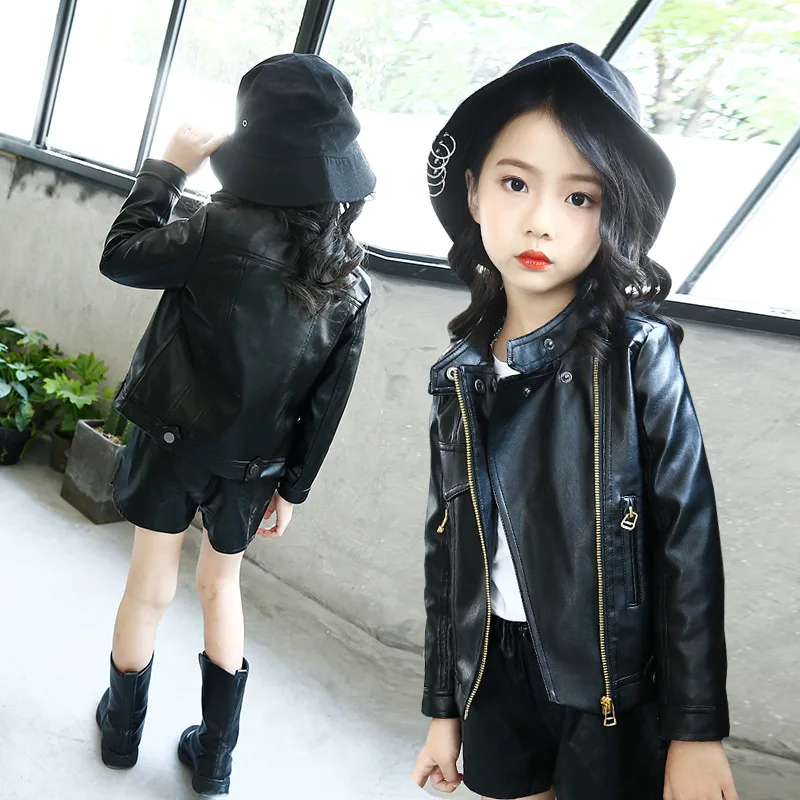 

Autumn Children's Garment Girls Pu Leather Jacket Child Leisure Oblique Zipper Loose Coat