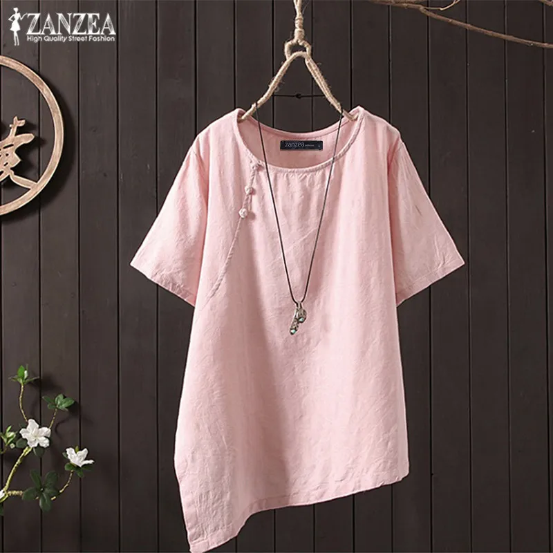 

2019 ZANZEA Women Tunic Tops Ladies Summer Short Sleeve Blouse Chinese Style Shirt Asymmetrical Hem Top Blusas Plus Size Chemise