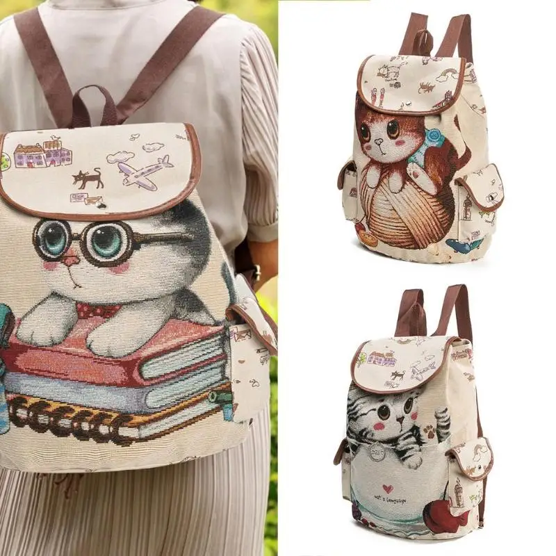 

Fashion Women Backpacks Teenage Girls Cat Print Backpack Preppy Canvas School Bag For Girls Rucksack Female Travel Backpack