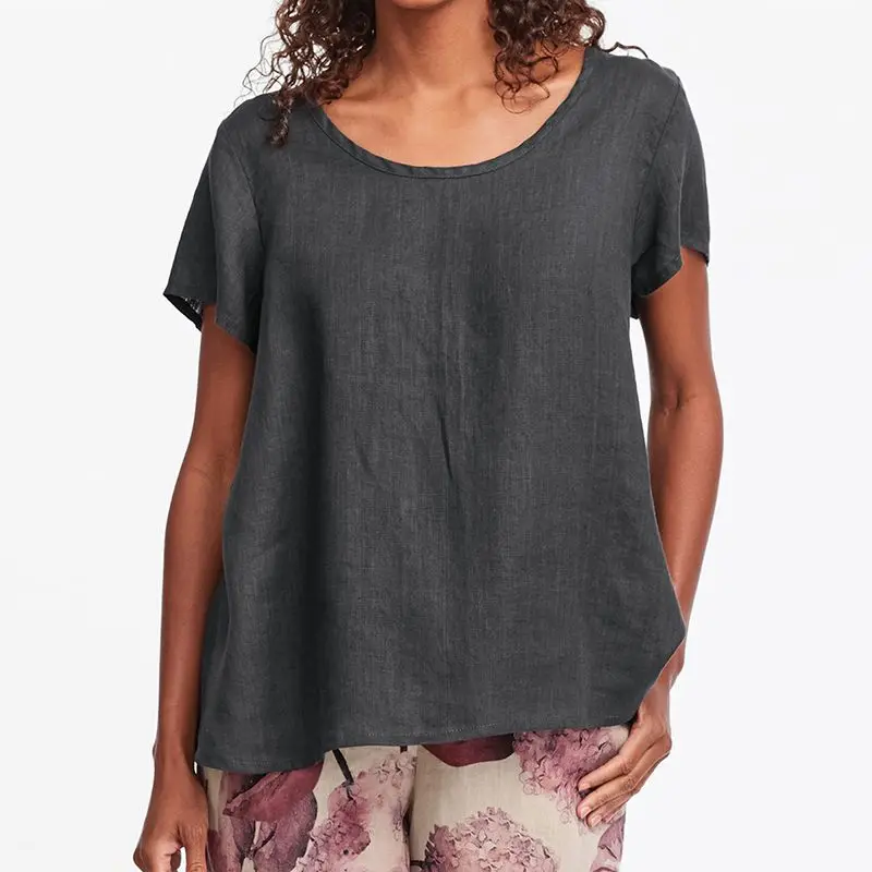

ZANZEA Women Casual Shirt 2019 Summer Blouse Ladies Short Sleeve O Neck Blusas Loose Cotton Linen Shirts Plus Size Blusa Femme