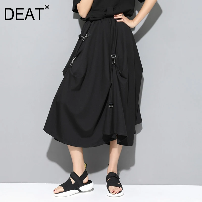 

[DEAT] 2019 New Autumn Winter High Elastic Waist Black Buckle Split Joint Personality Half-body Skirt Women Fashion Tide JS99